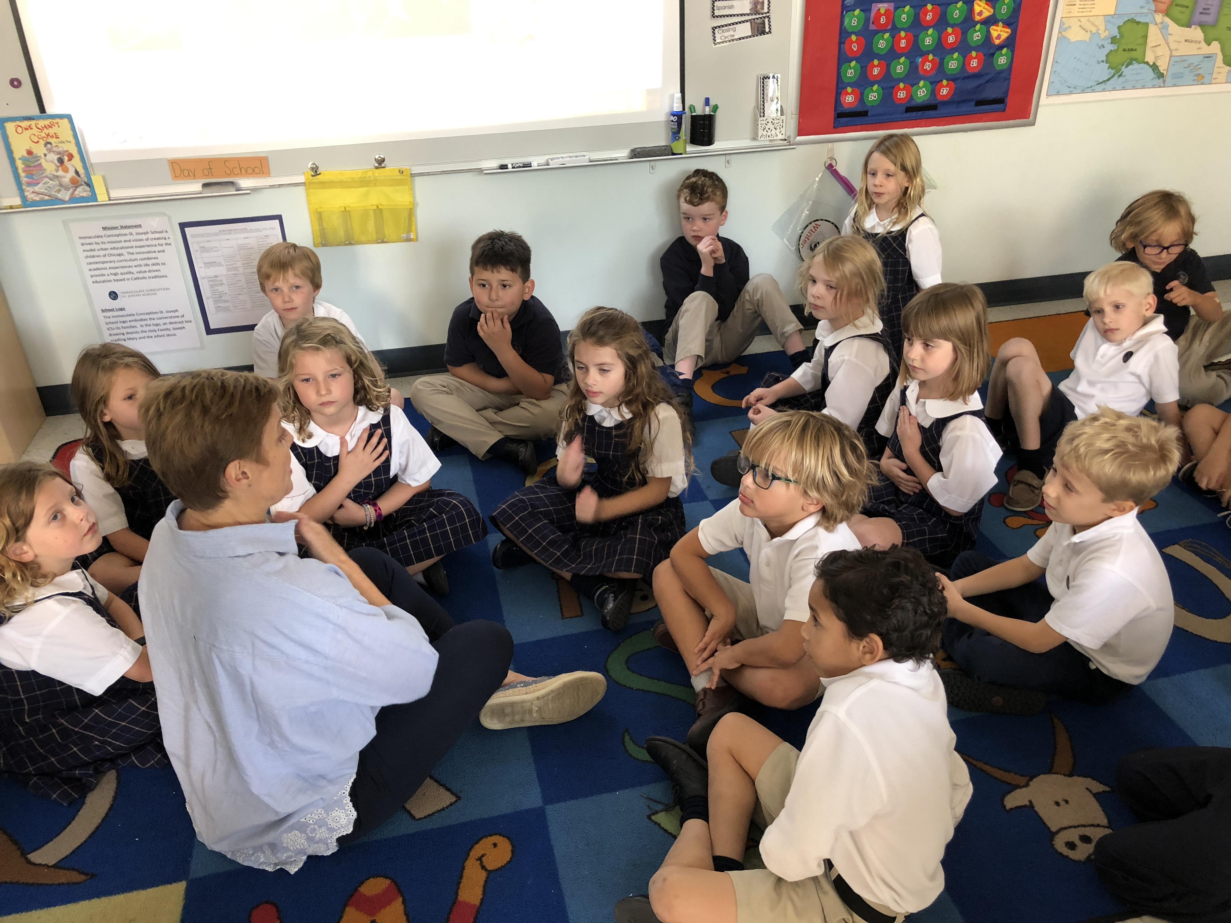 Classroom practicing mindful breathing
